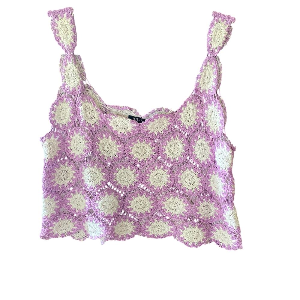 Crochet Cropped Top Sleeveless Julia by Love J Purple White Womens Size Large